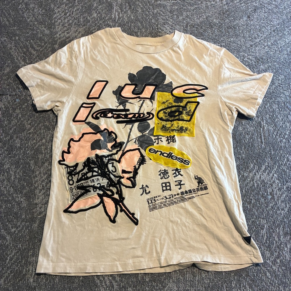 GUESS Originals Patch Work Rose Tee Woman's M Beige Applique Japanese Graphic
